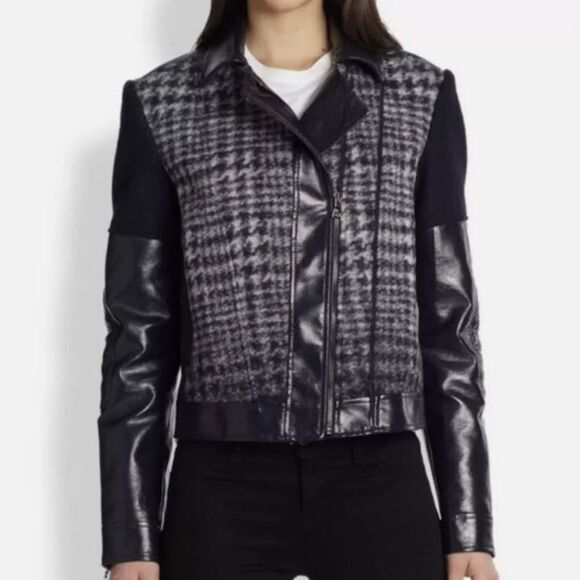 BCBGMAXAZRIA Madison Moto Faux Leather And Wool Jacket Navy Size S - Picture 1 of 12